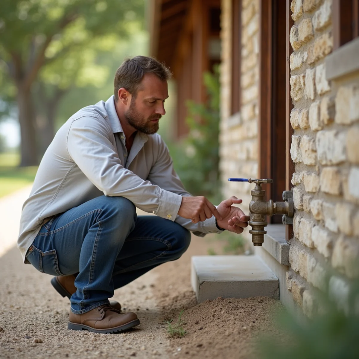 Plumber showing a homeowner where the main water shutoff valve is on a pier-and-beam house near Bandera, TX