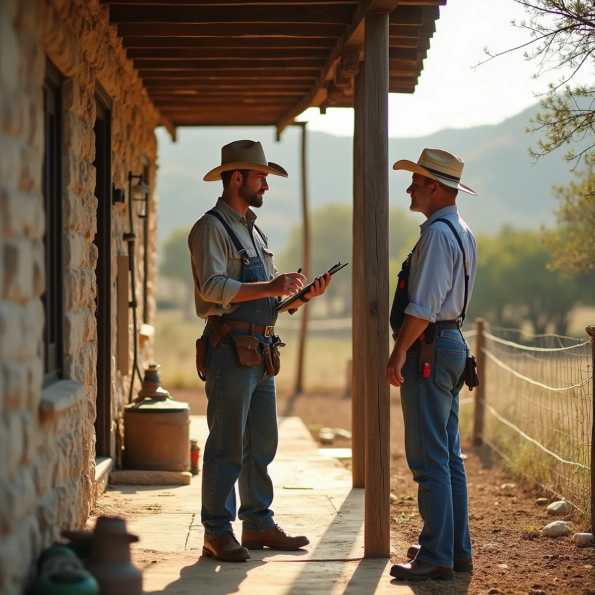 Licensed plumber talking with a ranch owner beside a limestone house outside Bandera, TX