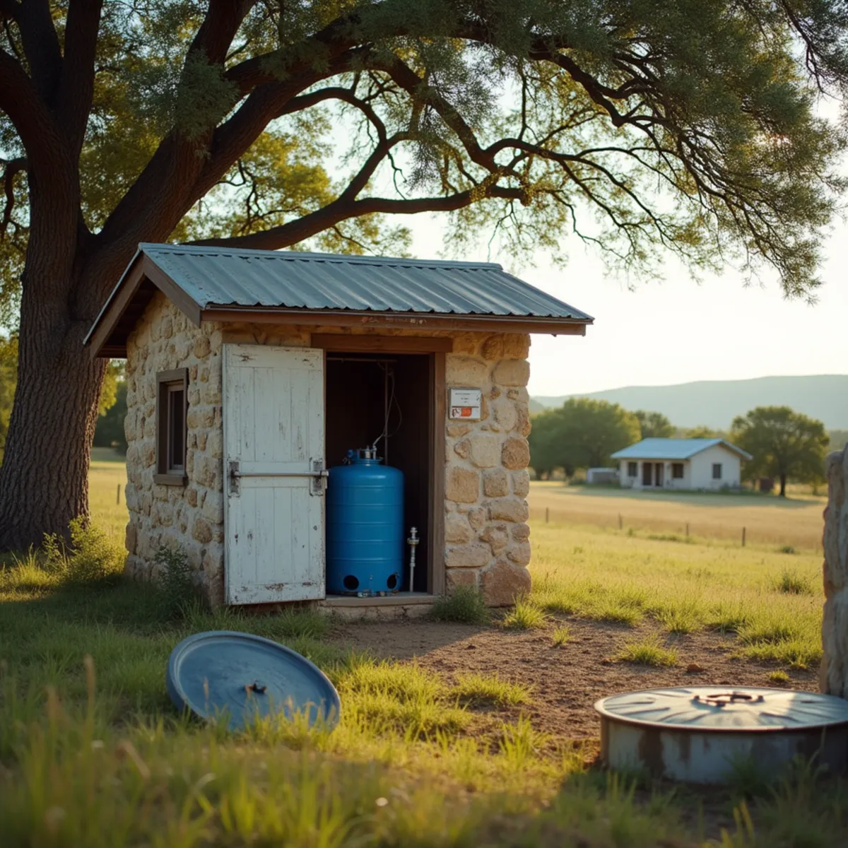 Well house and pressure tank beside a limestone ranch house near Bandera, TX