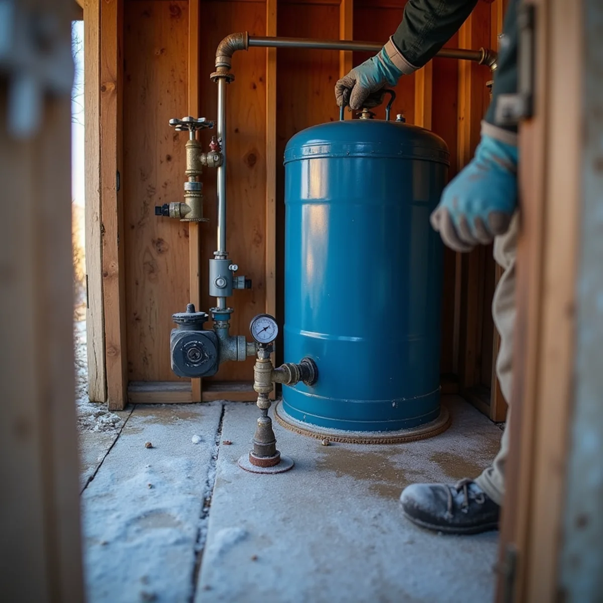 Insulated well house with a pressure tank and frost on the pipes on a ranch near Medina, TX
