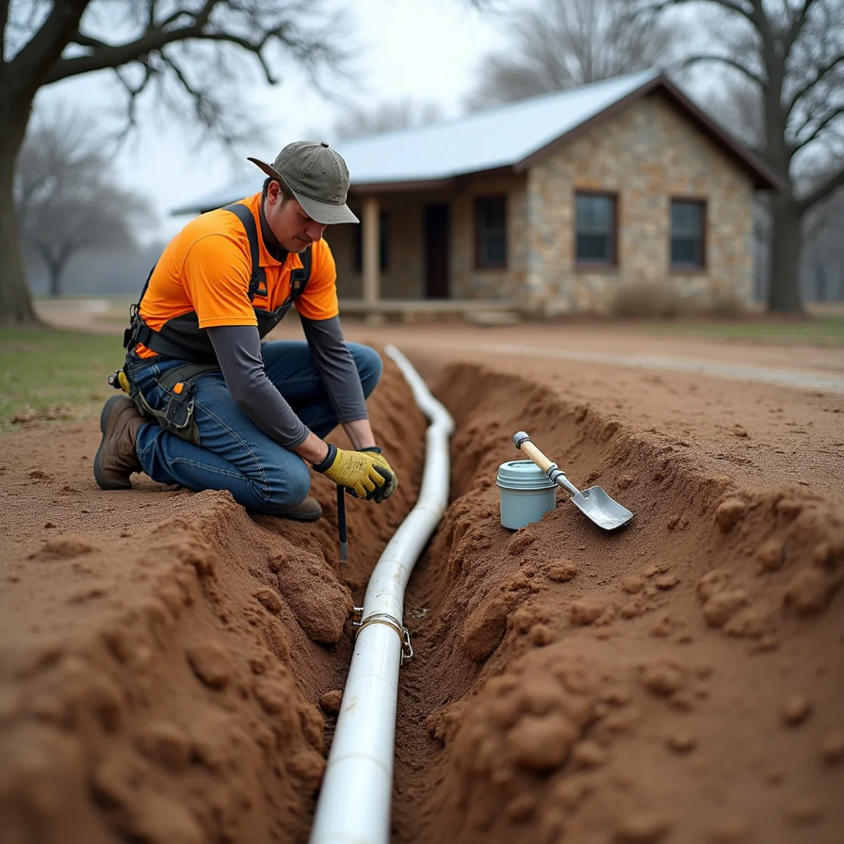 Plumber repairing a broken PVC yard line between a well and a house near Pipe Creek, TX