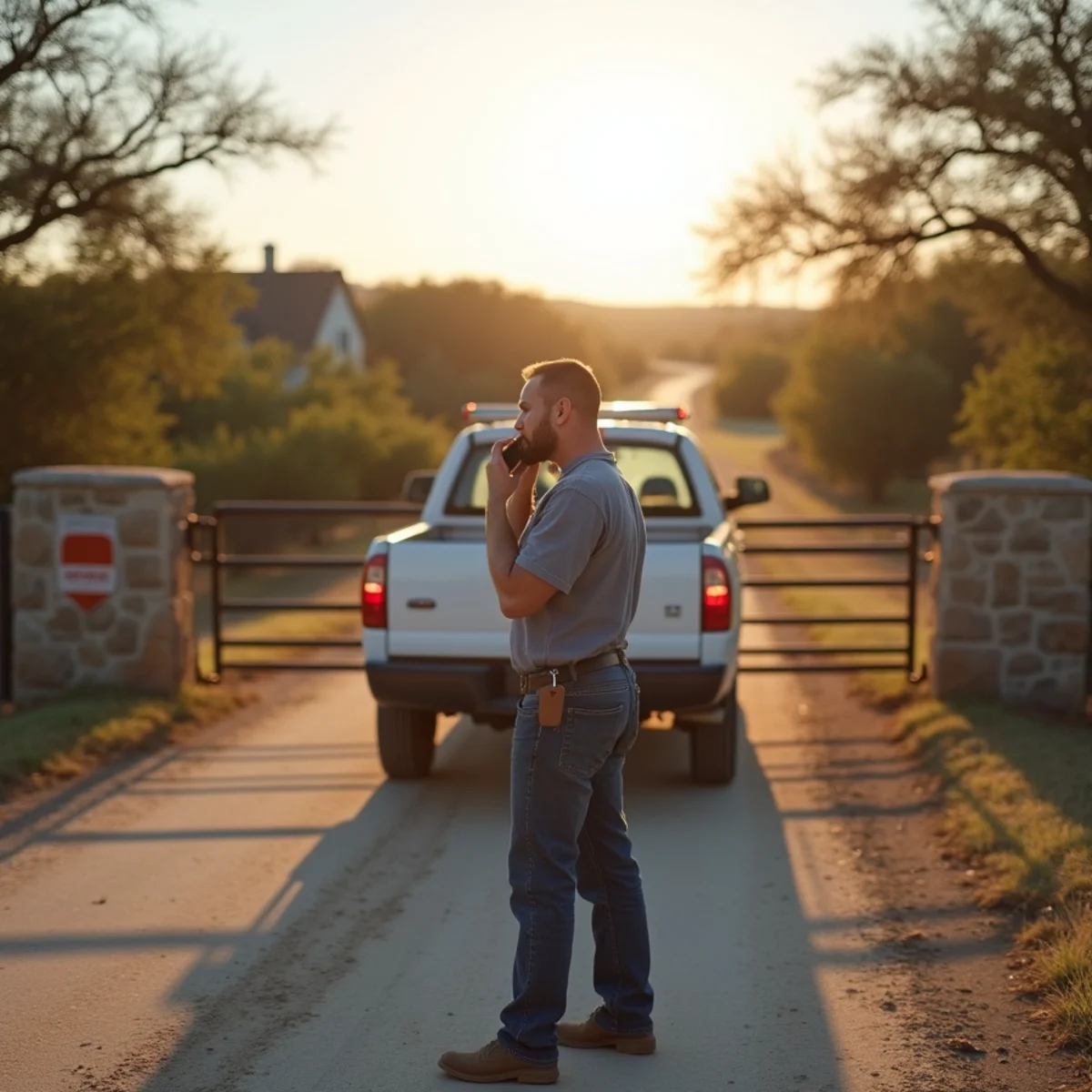 Plumber on the phone confirming directions at a ranch gate with a cattle guard near Bandera, TX