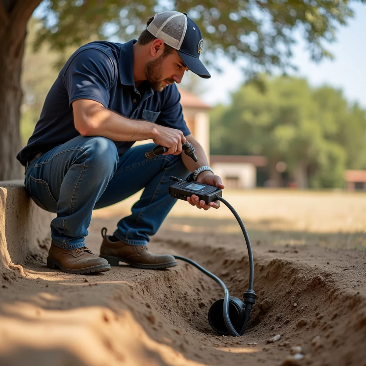 Plumber feeding a sewer camera into an outdoor cleanout beside a limestone ranch house in Bandera, TX