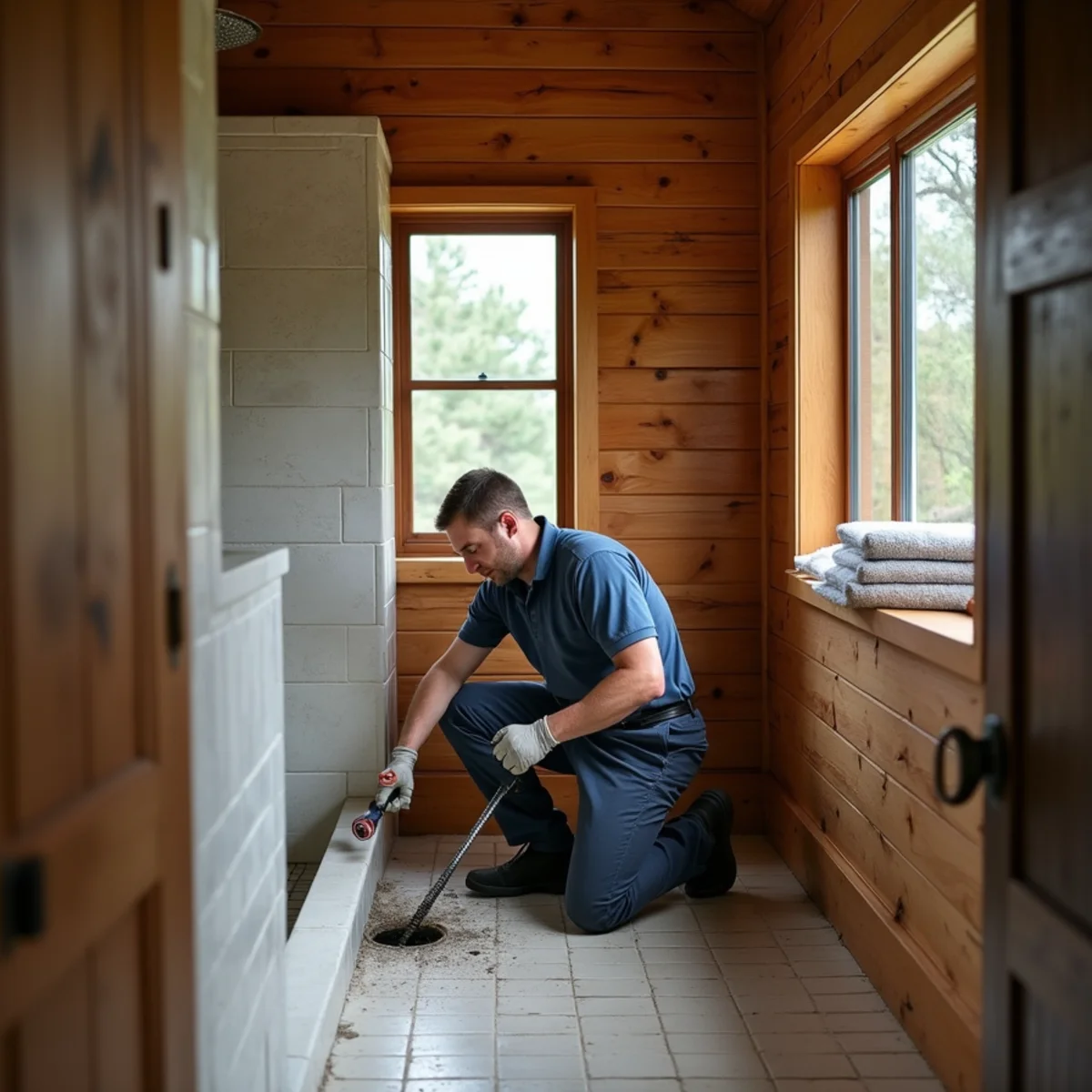 Plumber clearing a slow shower drain in a river rental cabin near Bandera, TX