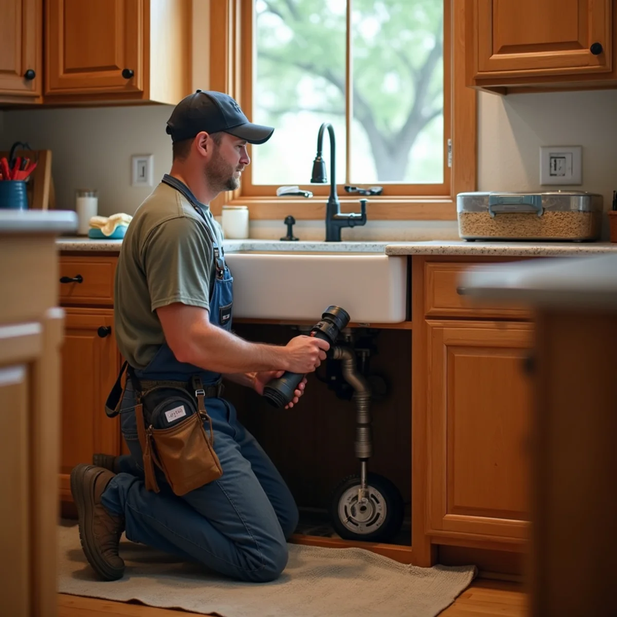 Plumber running a drain cable machine under the kitchen sink of a ranch house in Bandera, TX