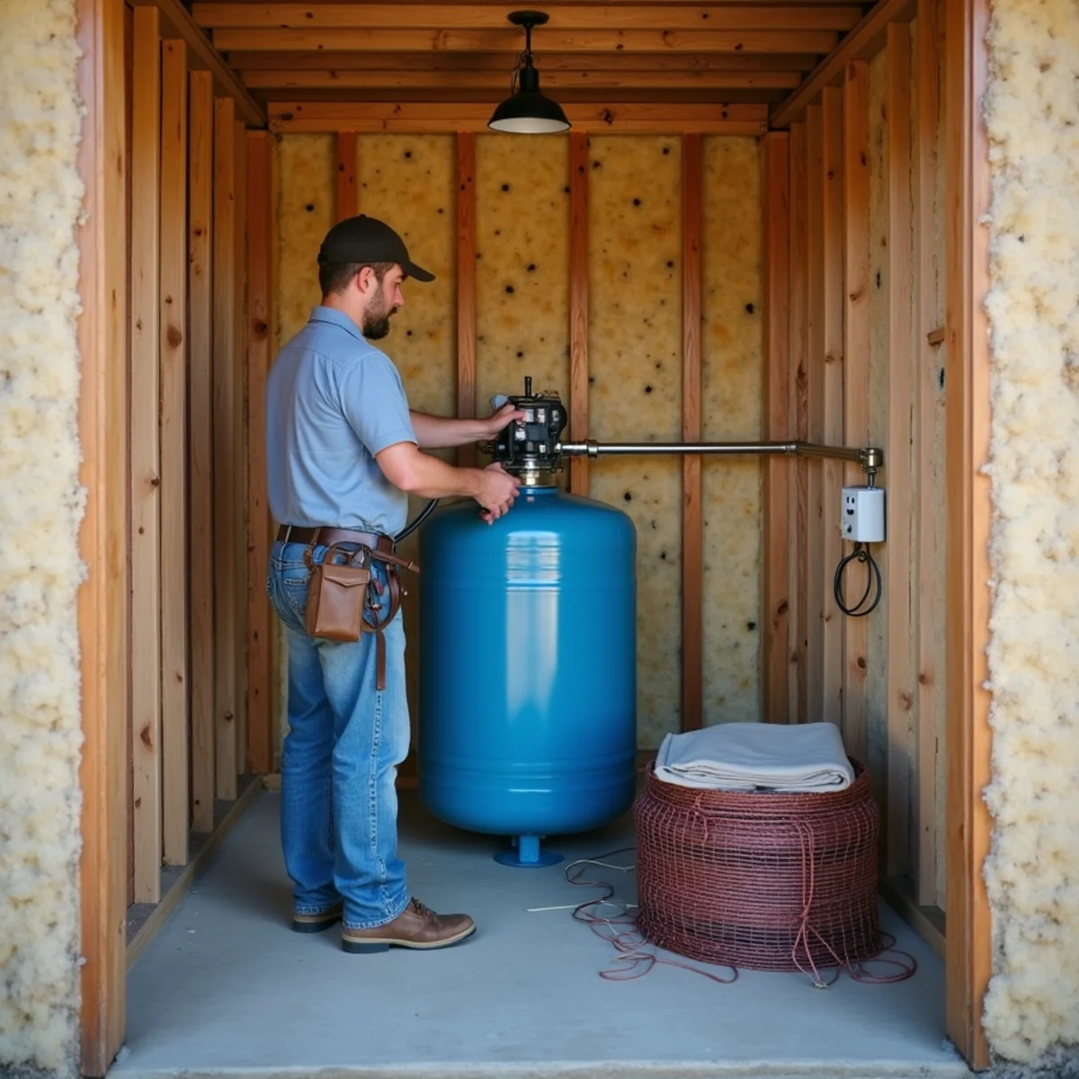 Insulated well house with foam-wrapped pipes and a pressure tank on a ranch near Medina, TX