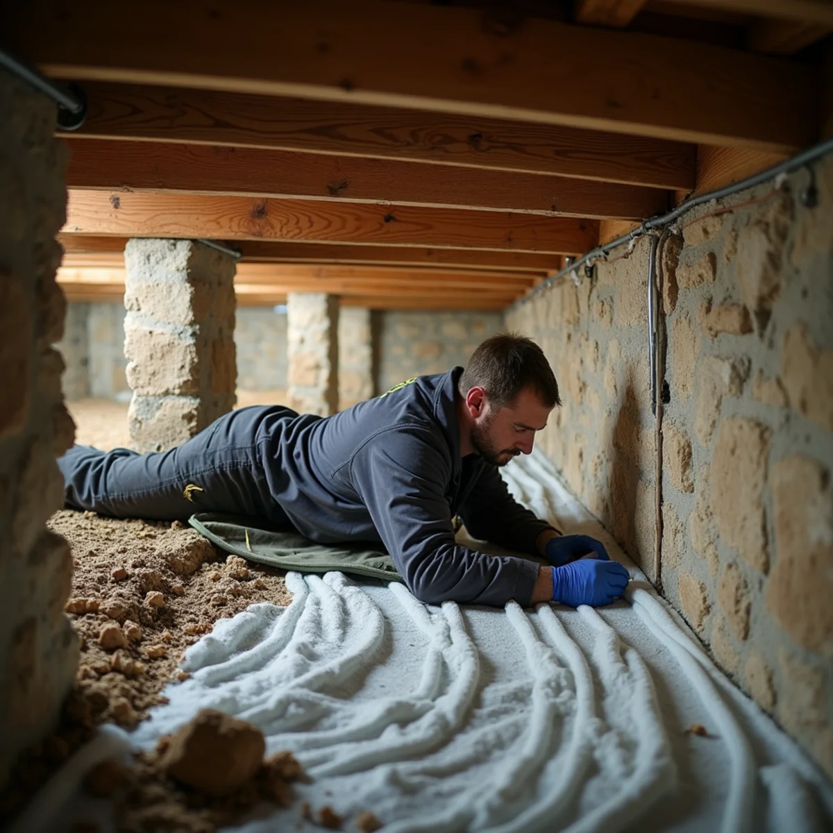 Plumber fitting foam insulation on supply lines under a pier-and-beam cabin in Bandera County, TX