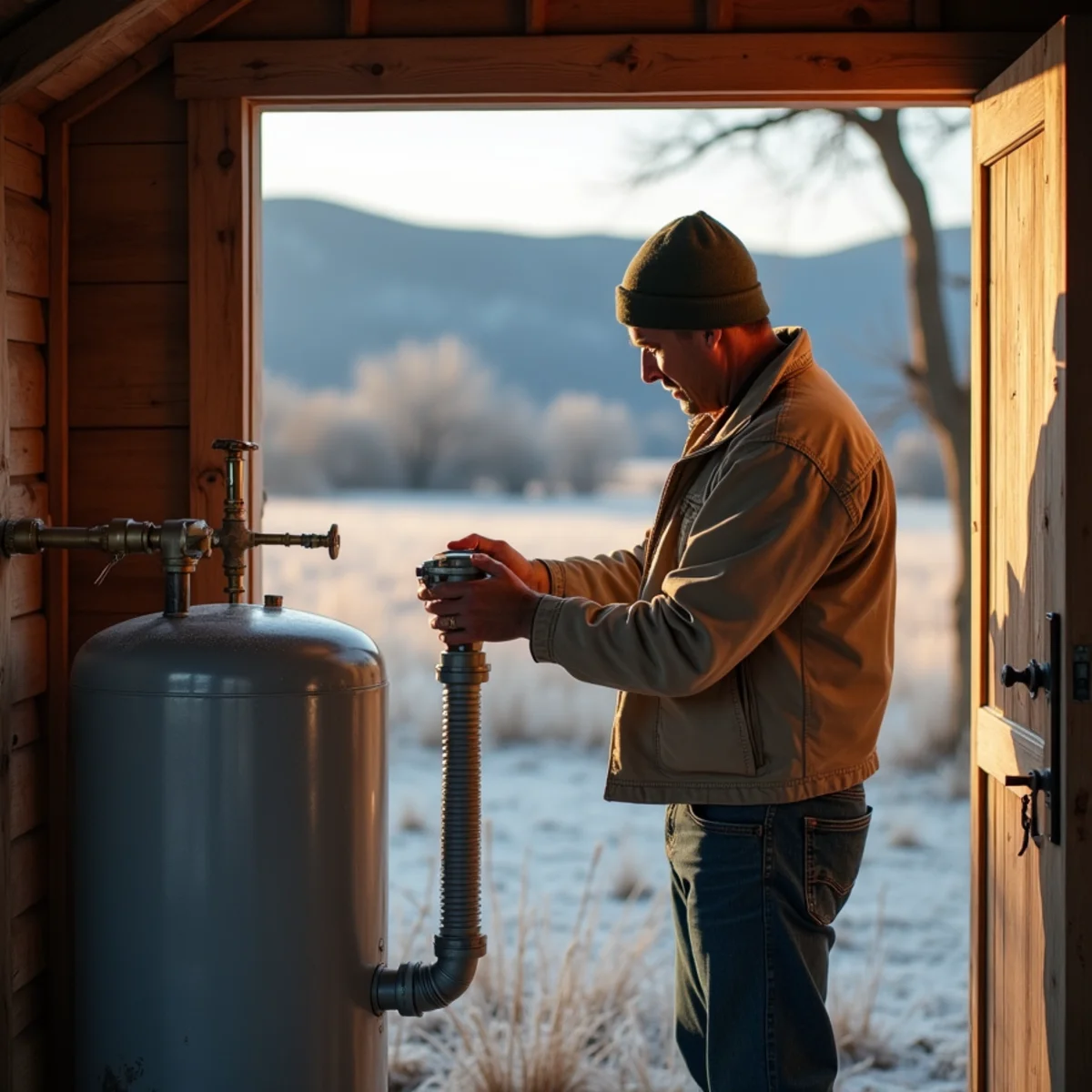 Plumber wrapping pipe insulation around the pressure tank fittings in a well house on a frosty ranch near Medina, TX