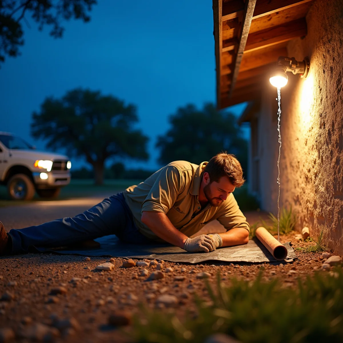 Emergency plumber repairing a burst pipe under a pier-and-beam ranch house in Bandera, TX at dusk