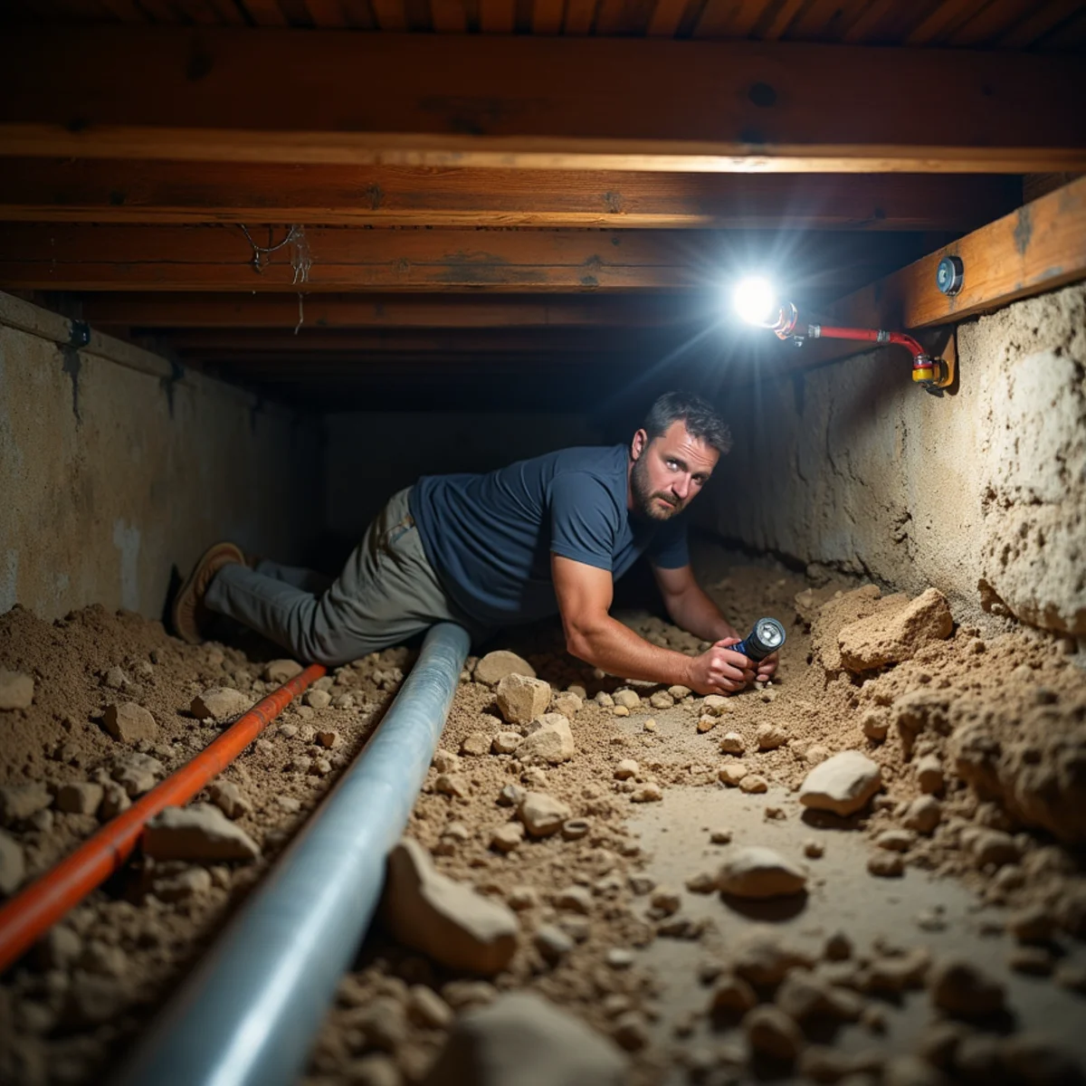 Plumber replacing an old galvanized supply line in the crawl space of a raised lake cabin in Lakehills, TX