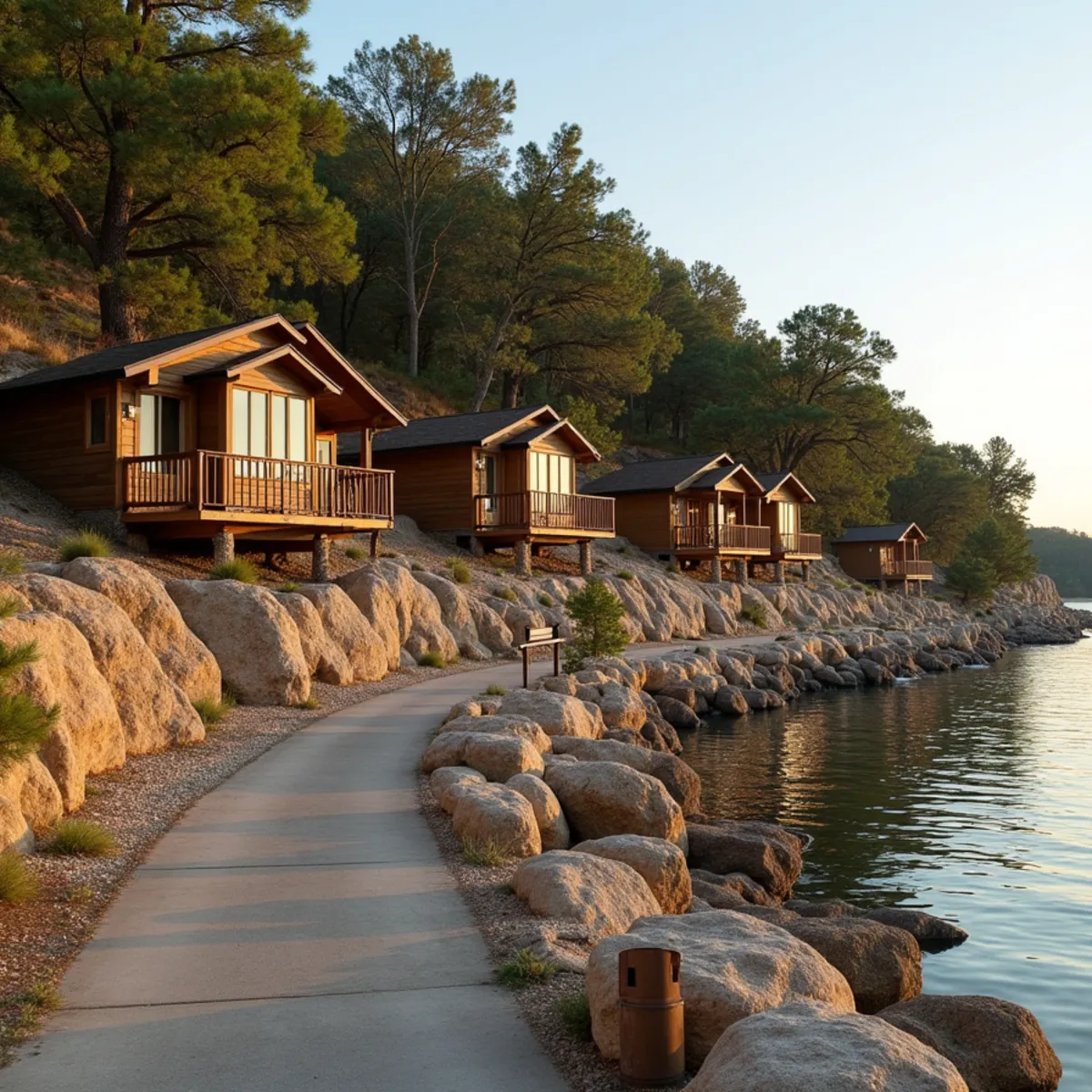Raised lake cabins and small homes on a rocky slope above Medina Lake in Lakehills, TX
