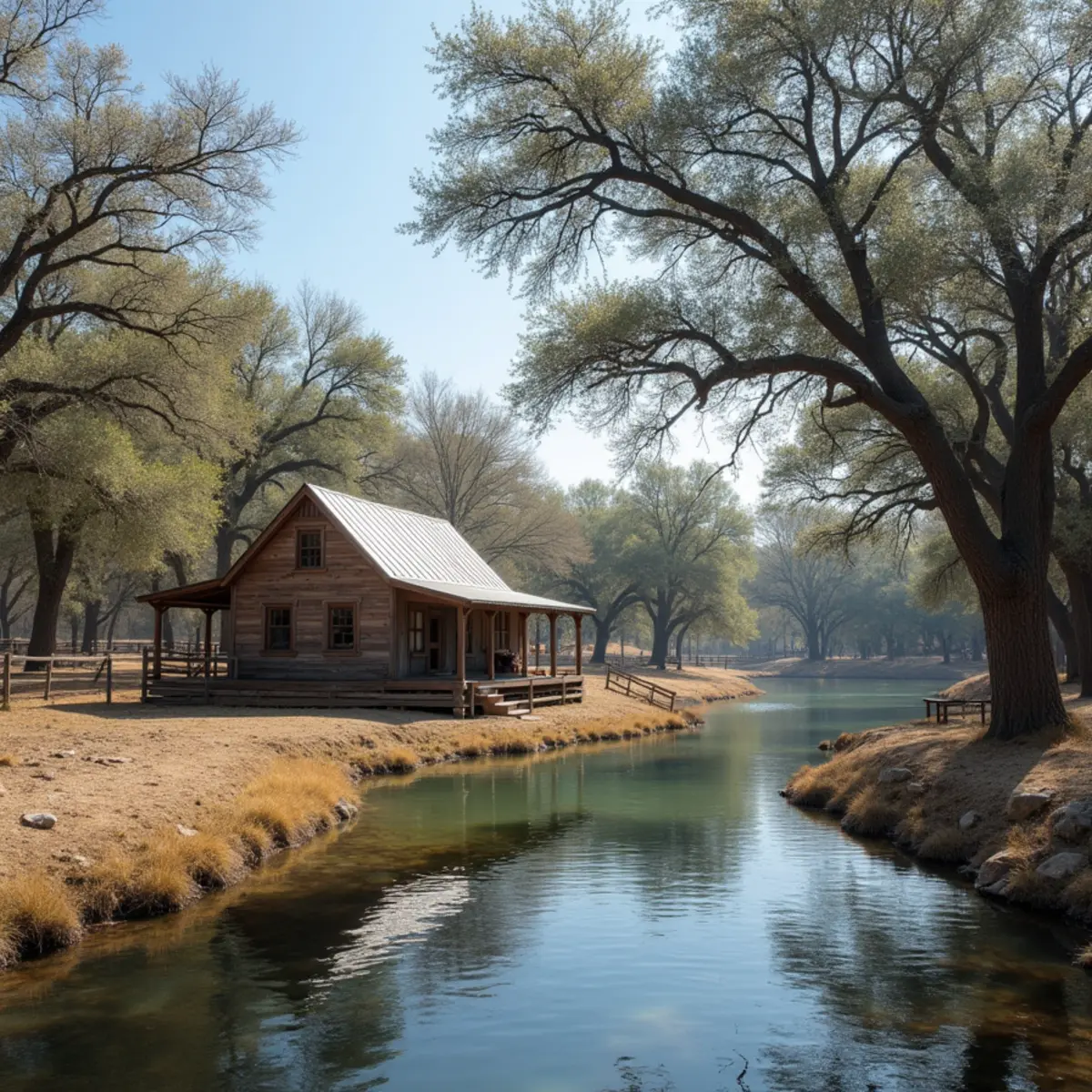 Ranch house and river cabin under bald cypress along the upper Medina River near Medina, TX