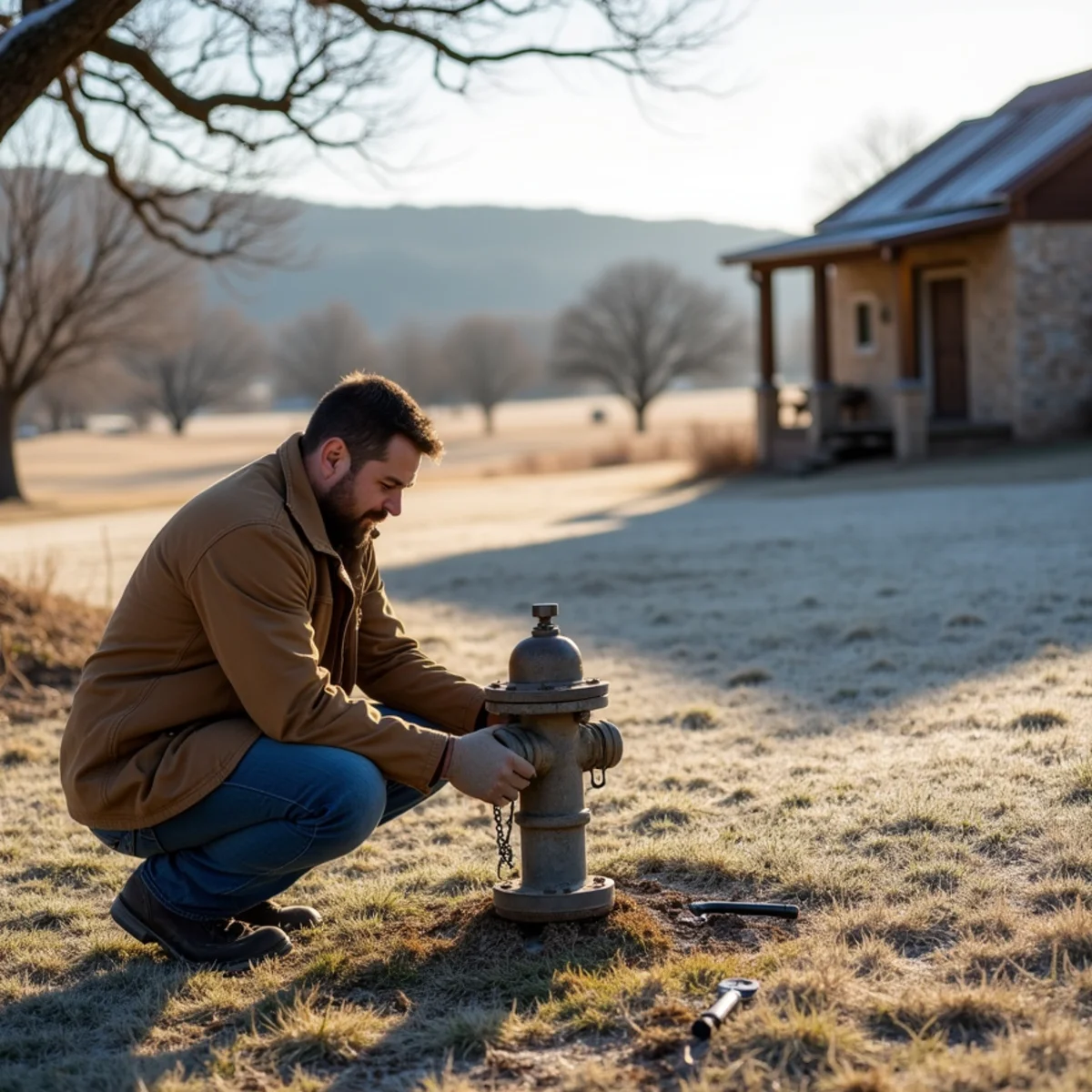 Plumber repairing a frost-damaged hydrant by a stone barn on a ranch near Medina, TX