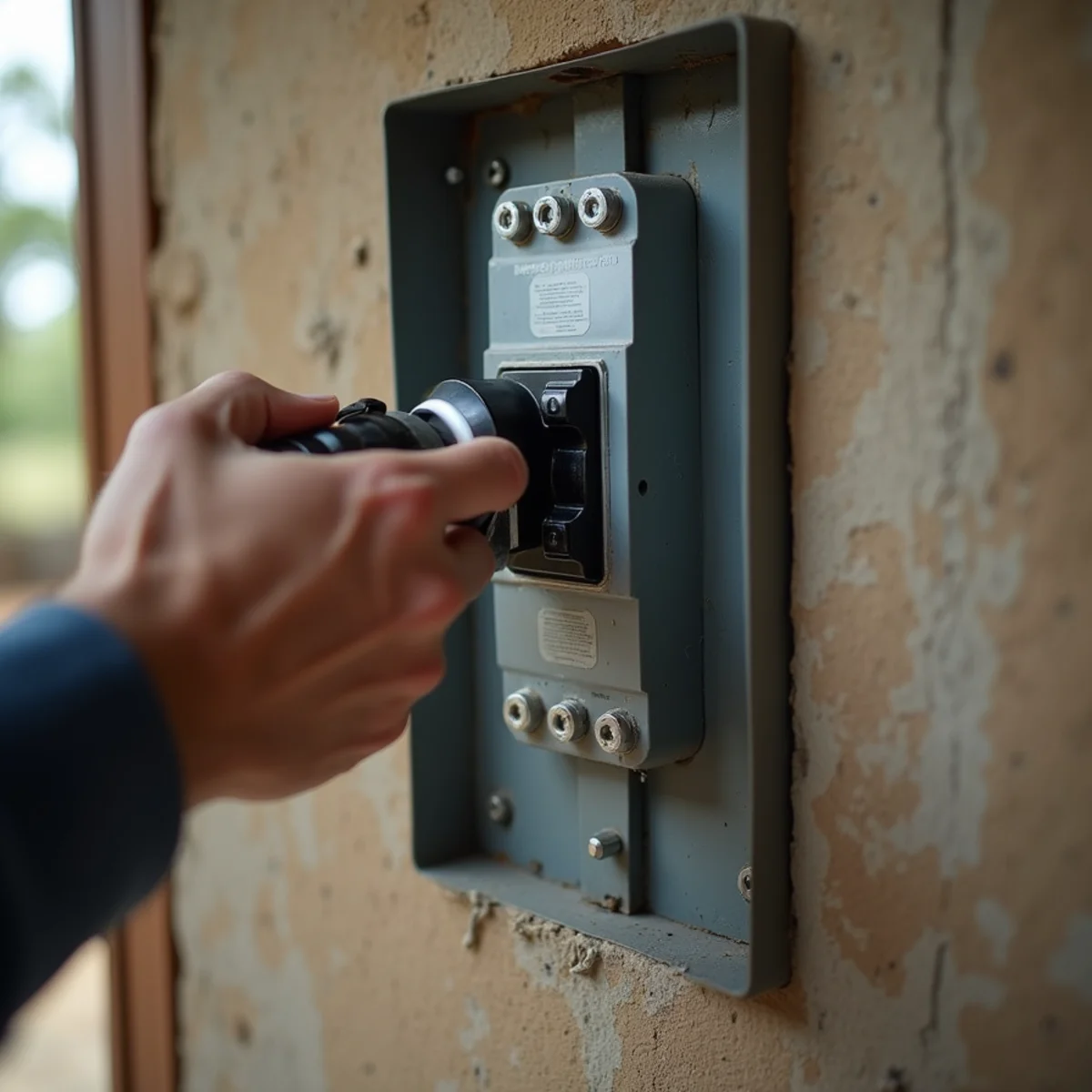 Homeowner switching off the double-pole well pump breaker in an electrical panel at a ranch house near Pipe Creek, TX