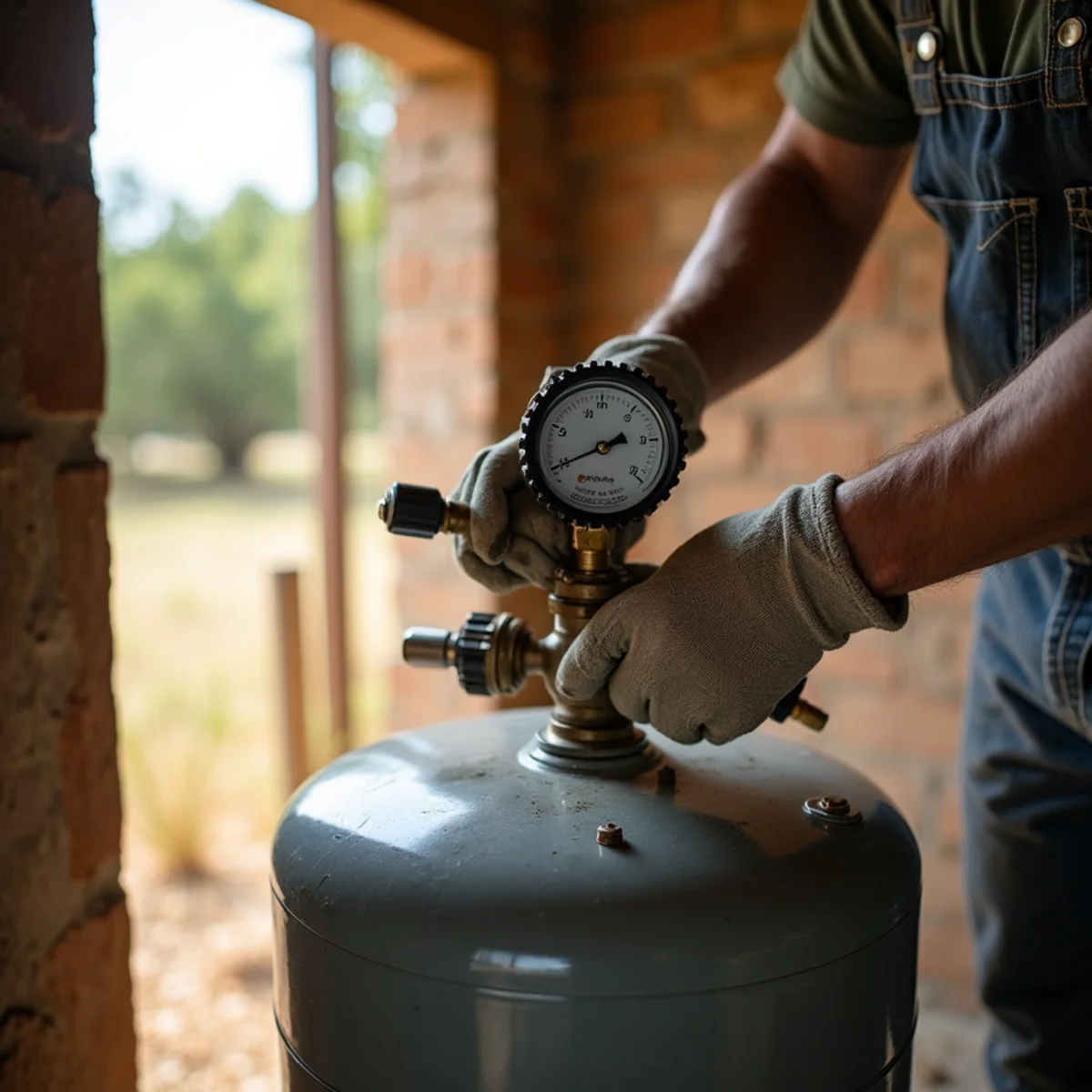 Plumber recharging the air in a well pressure tank inside a well house at an acreage home in Pipe Creek, TX
