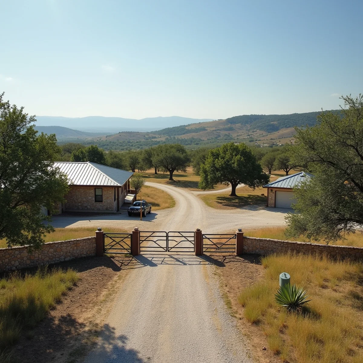 Newer stone and metal-roof acreage homes among live oaks and cedar off SH 16 near Pipe Creek, TX