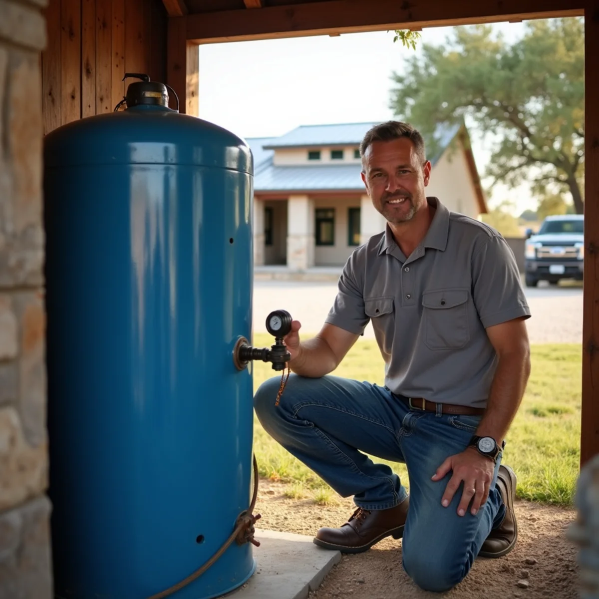 Plumber checking the pressure tank in a well house beside a newer acreage home in Pipe Creek, TX
