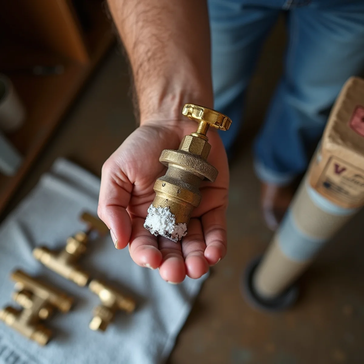 Plumber showing a homeowner a scale-clogged valve removed from a well water line in Bandera, TX