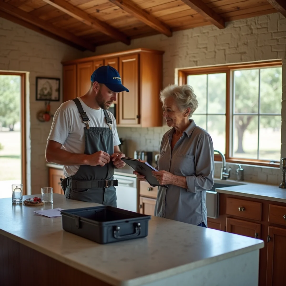Plumber talking through a repair with a homeowner in the kitchen of a limestone ranch house in Bandera, TX
