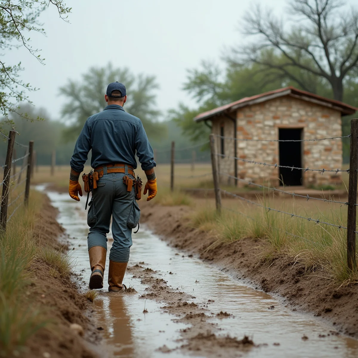 Plumber crossing a muddy ranch yard toward a well house after a Medina River flood near Bandera, TX