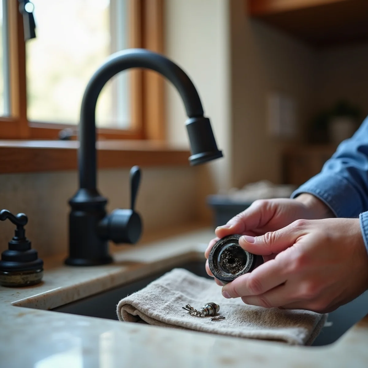 Plumber replacing a scaled faucet cartridge at the kitchen sink of a Bandera, TX ranch house