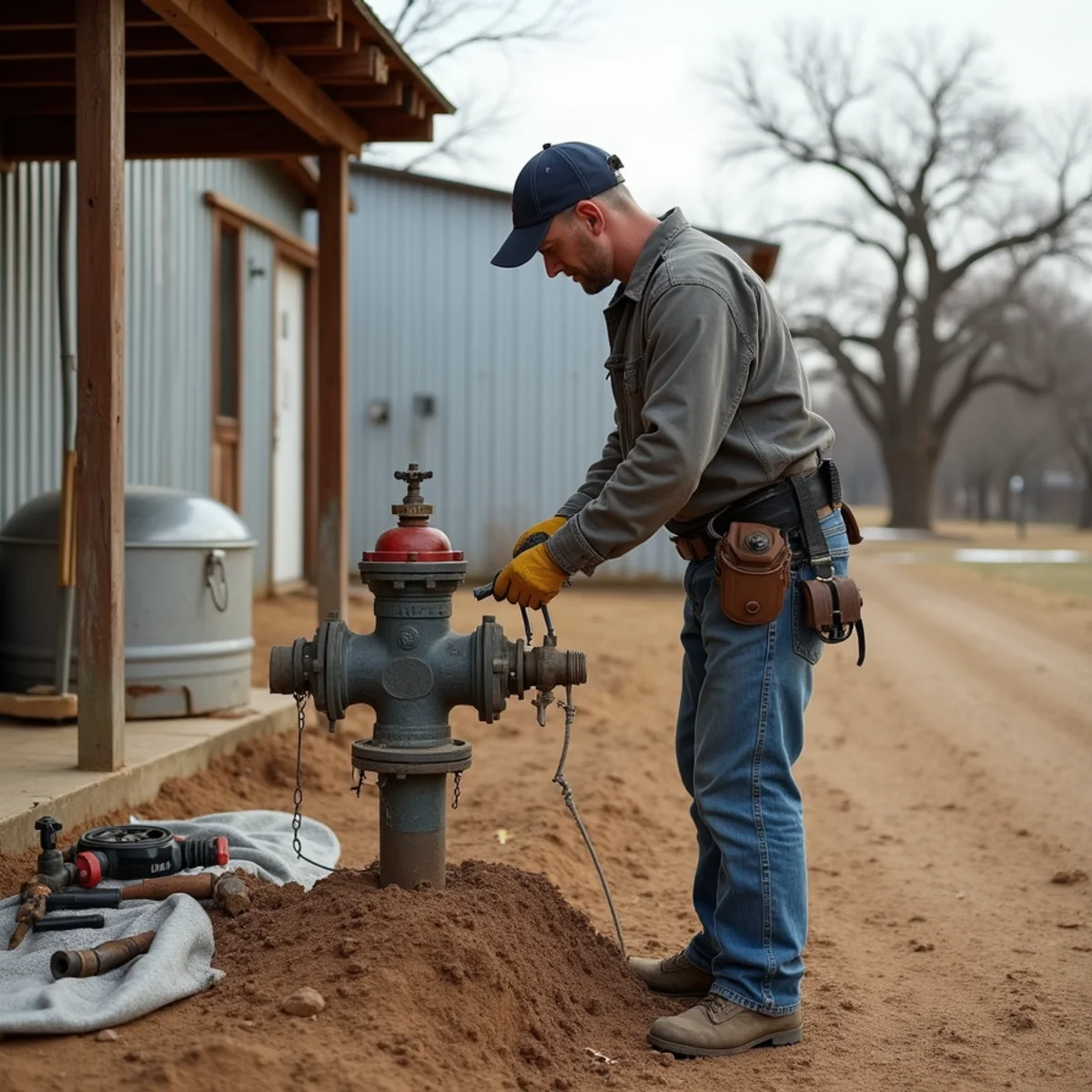 Plumber repairing a frost-free yard hydrant beside a barn on a ranch near Bandera, TX