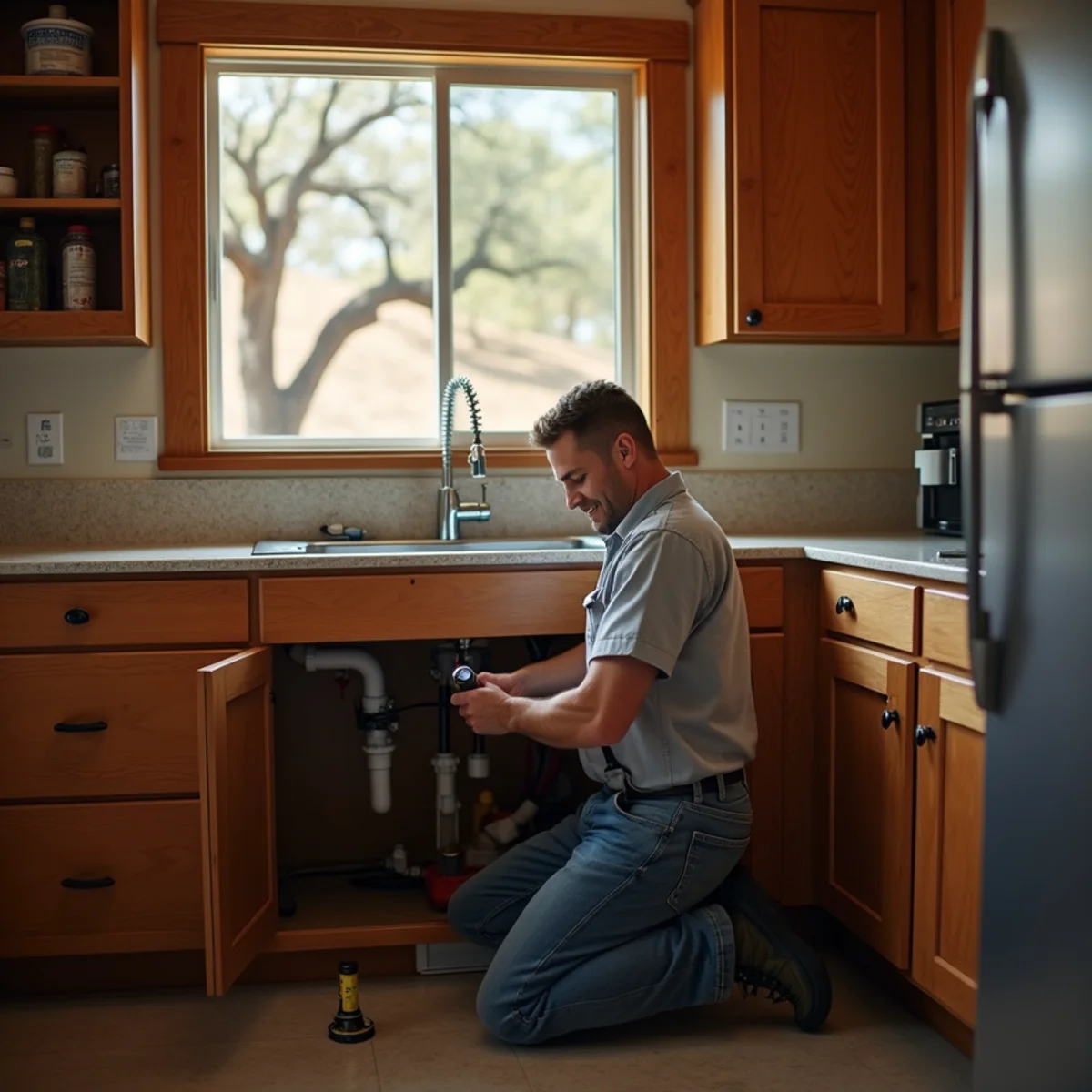 Licensed plumber repairing a leaking pipe under the sink of a limestone ranch house in Bandera, TX