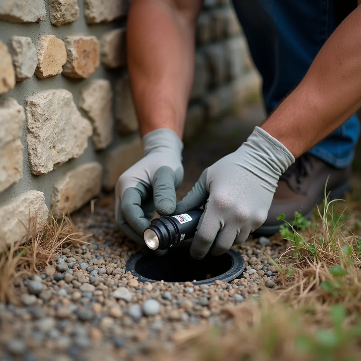 Plumber opening the septic line cleanout outside a ranch home near Lakehills, TX to check for standing water