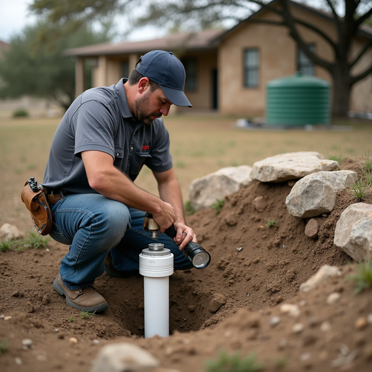 Plumber opening a two-way cleanout on the line to the septic tank outside a limestone ranch house in Bandera County, TX
