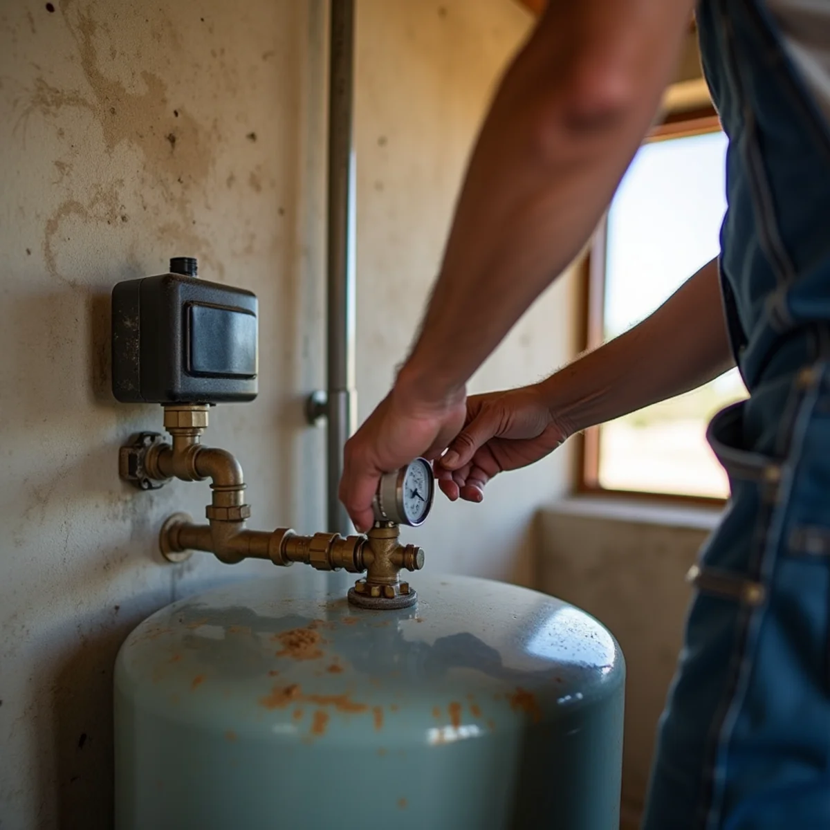 Plumber checking a well pressure tank and pressure switch in a well house near Bandera, TX