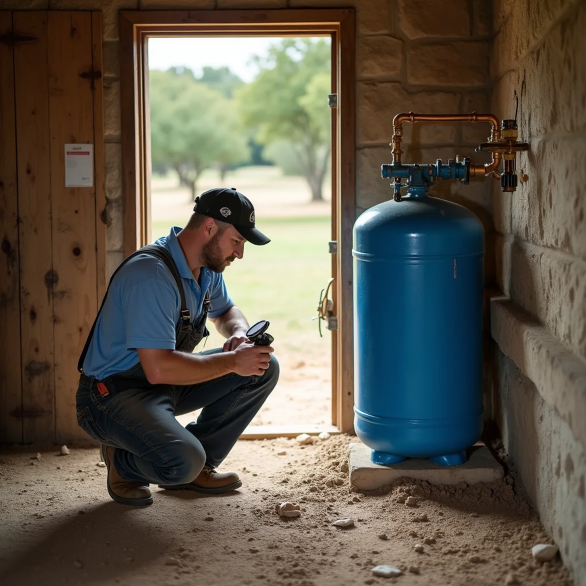 Plumber checking a well pressure tank inside a stone well house on a ranch near Bandera, TX