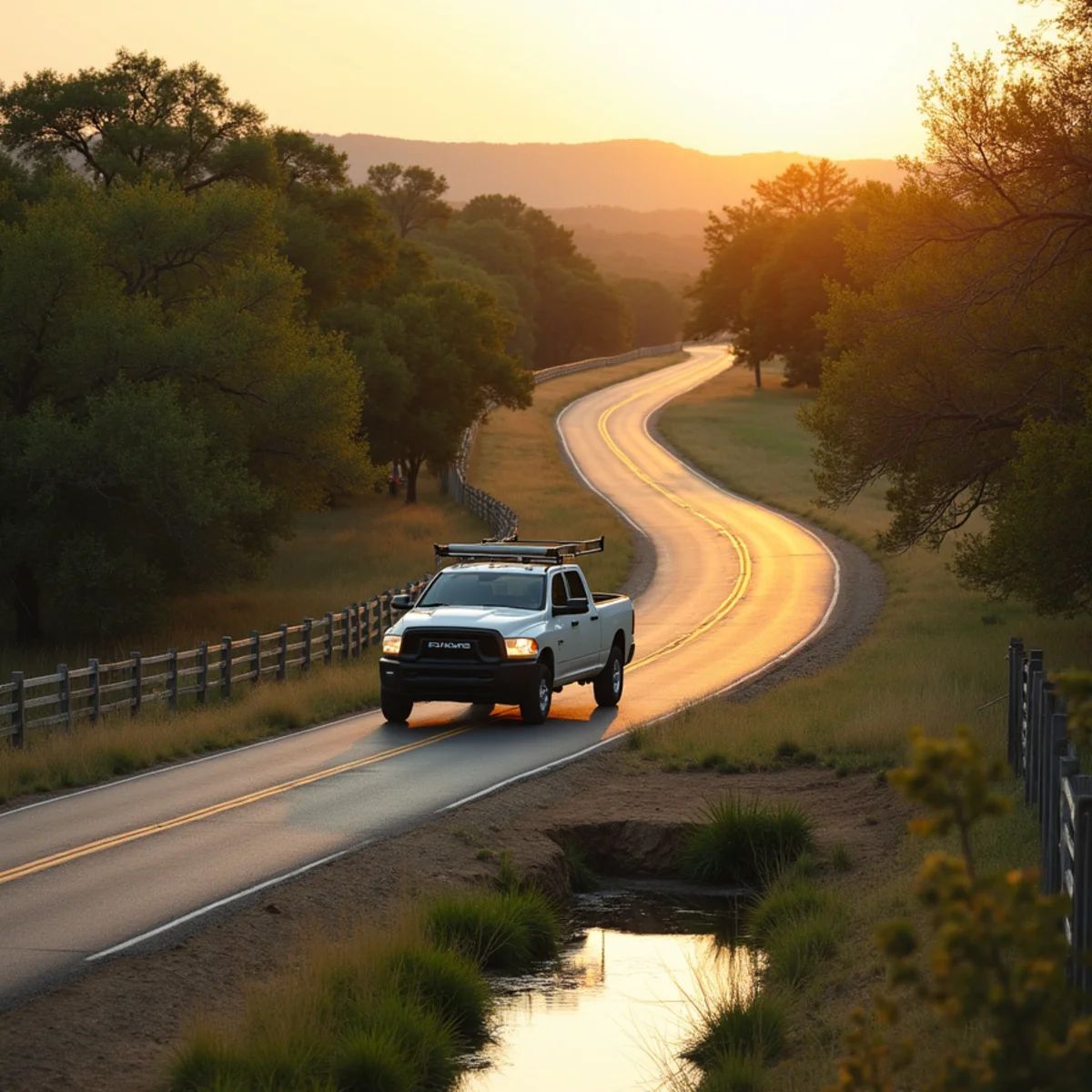Hill Country road winding past live oaks toward Bandera, TX