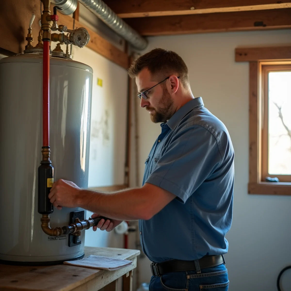 Plumber connecting a new propane water heater in the utility room of an acreage home near Pipe Creek, TX