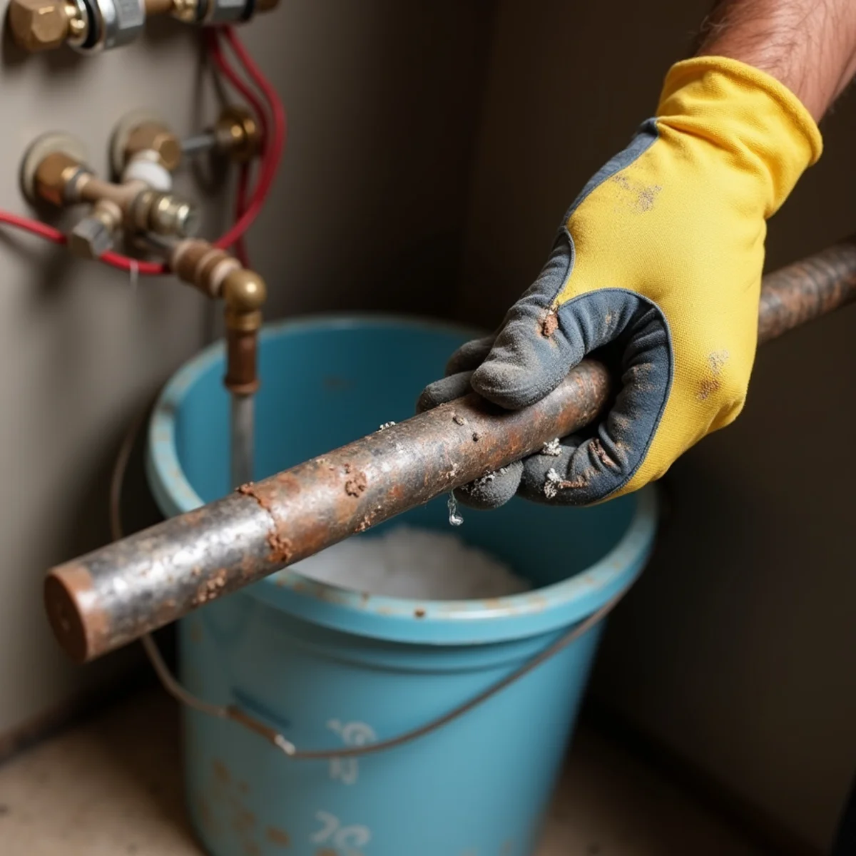 Plumber holding a corroded anode rod pulled from a water heater in a Lakehills, TX home on well water