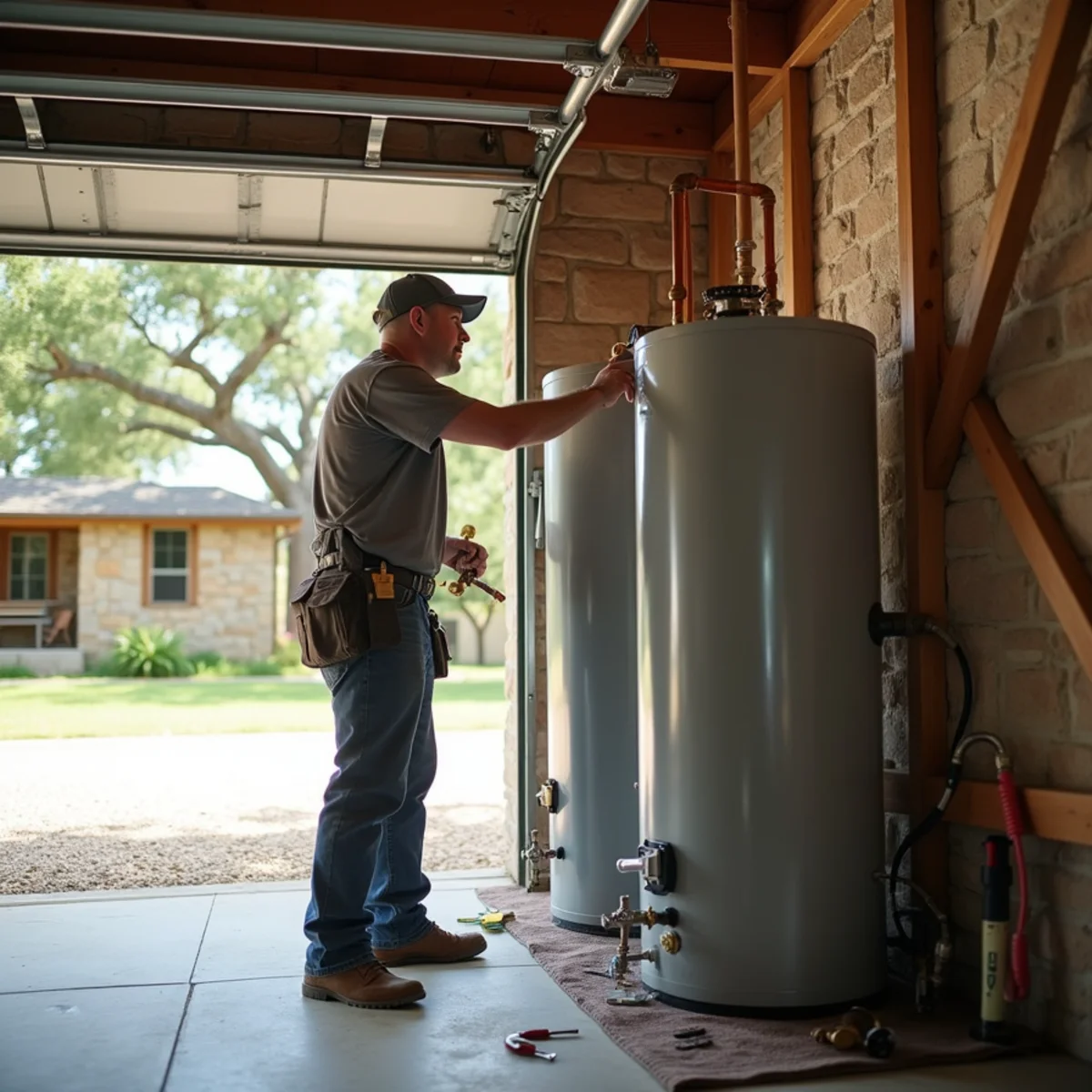 Plumber testing a newly installed water heater in the garage of a limestone home in Bandera, TX